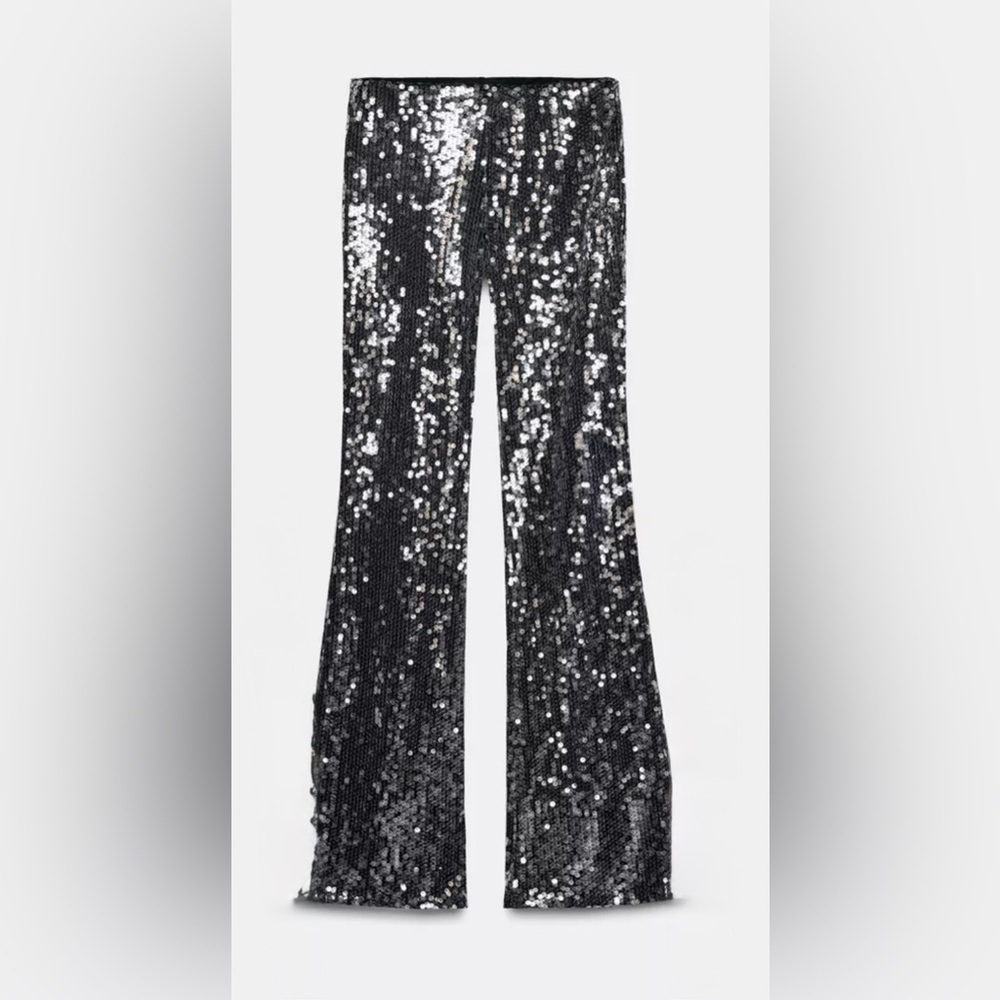 UEC ZARA BLACK EXTREME SEQUINS HIGH WAISTED PULL ON STRAIGHT LEG PANTS SZ L - Picture 2 of 13